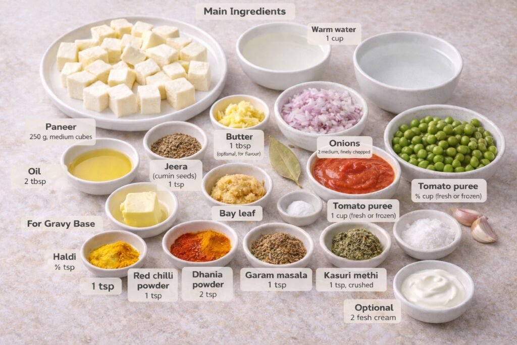 Matar Paneer Ingredients for Dhaba-Style Taste